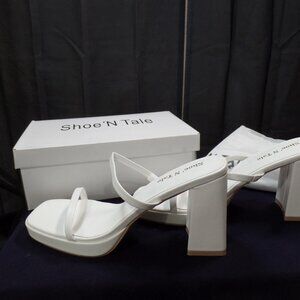 Shoe'N Tale 10D White Double Band 3 3/4" High Heel Slides Sandals Dress Wedding